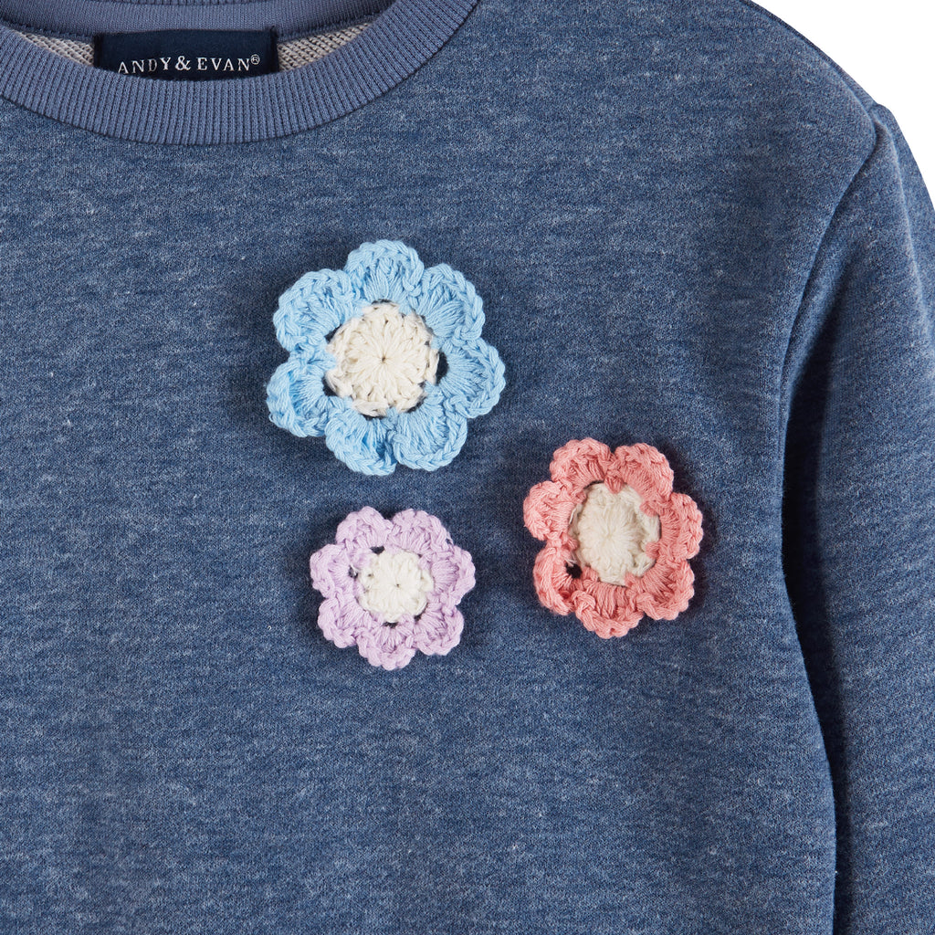 Kids Terry Crewneck & Dress Set | Navy Heather Flowers - Andy & Evan