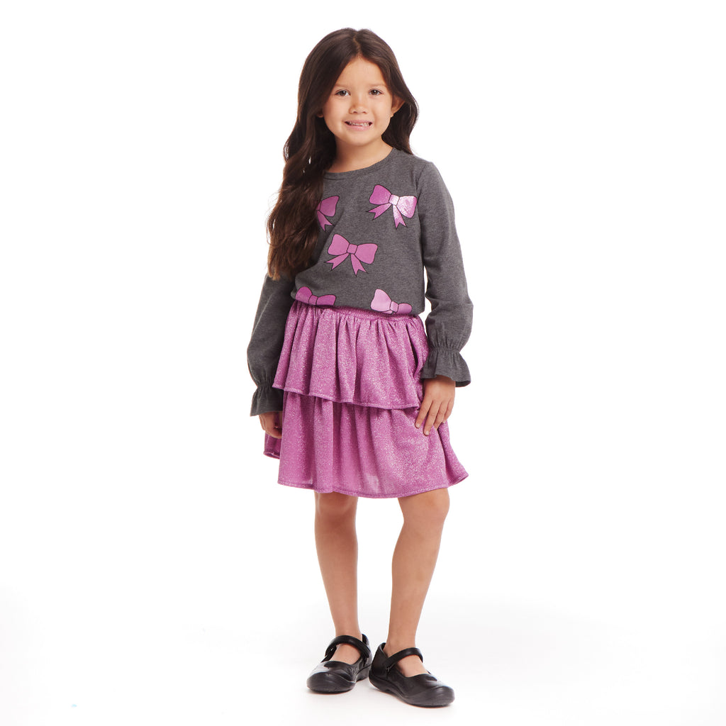 Kids Bows Graphic Top & Glitter Skirt Set | Grey & Purple - Andy & Evan