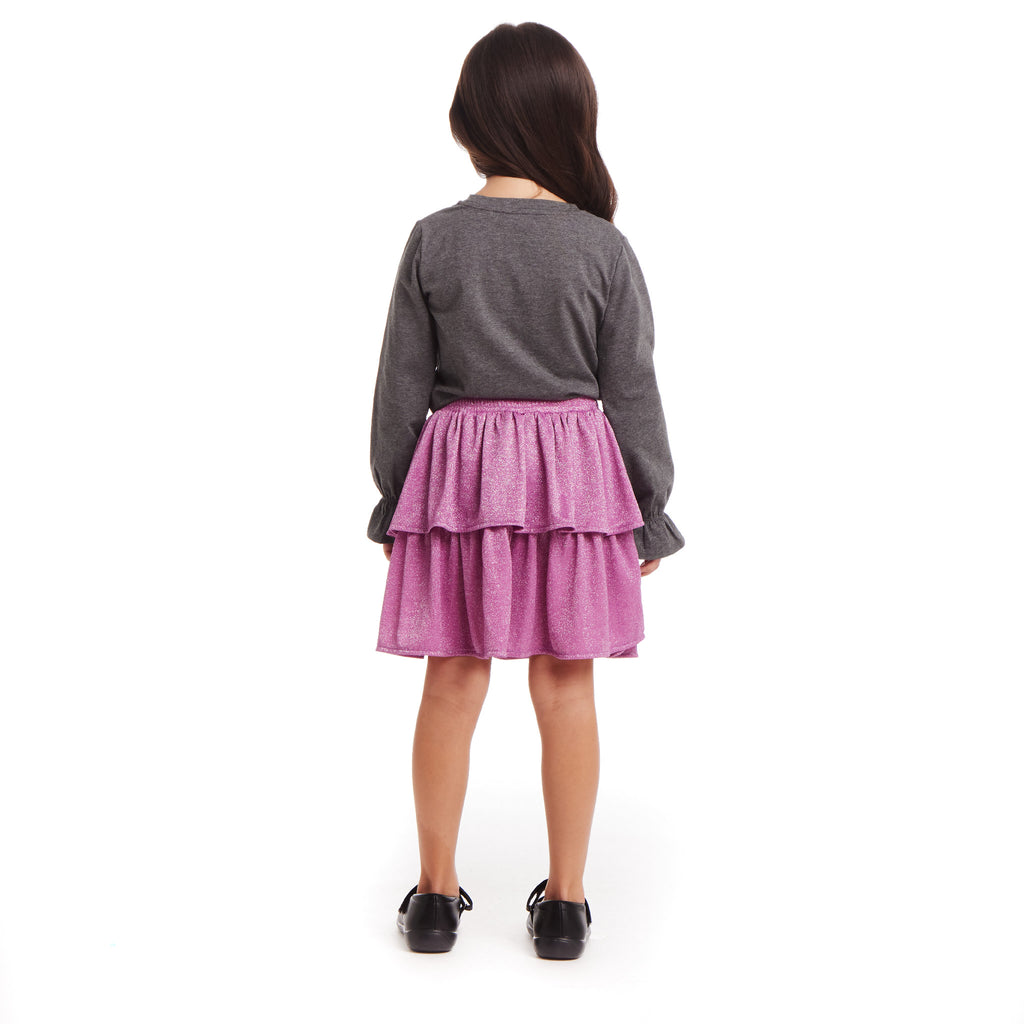 Kids Bows Graphic Top & Glitter Skirt Set | Grey & Purple - Andy & Evan