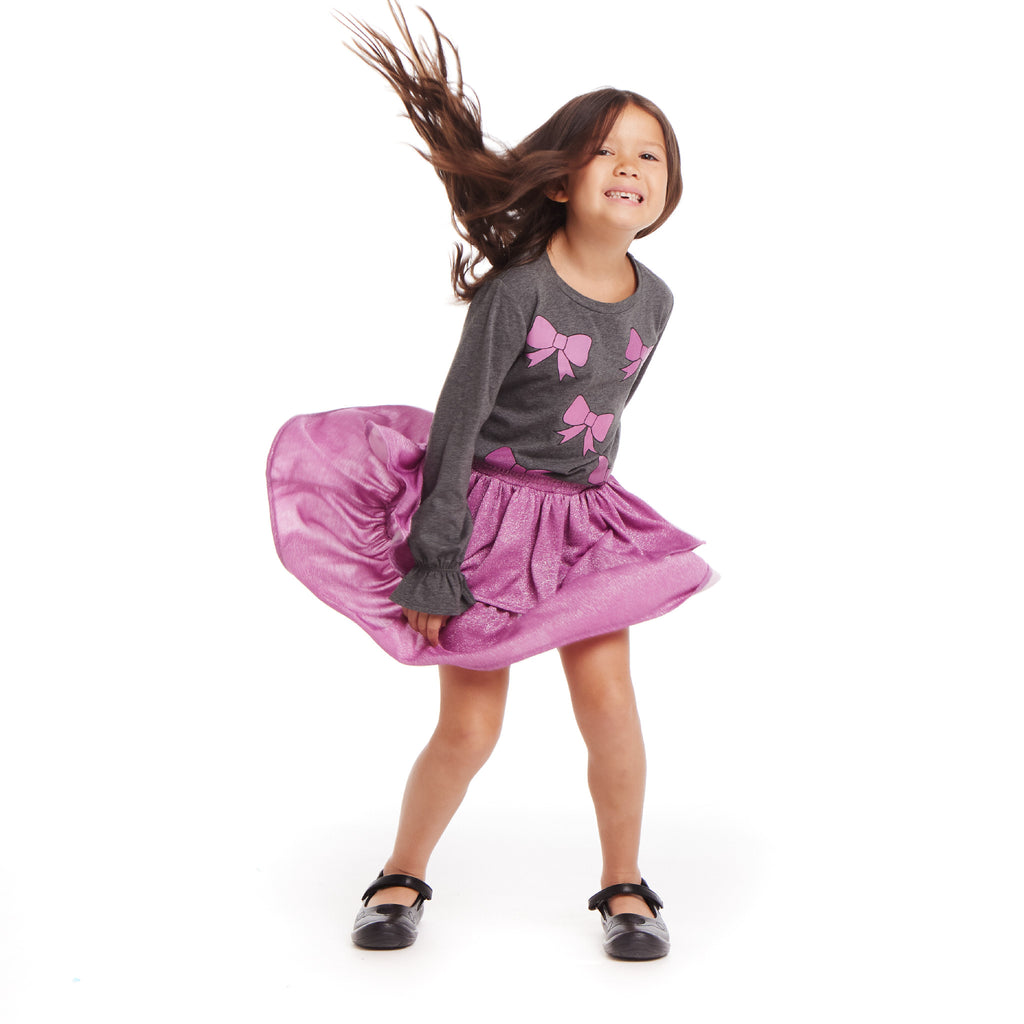 Kids Bows Graphic Top & Glitter Skirt Set | Grey & Purple - Andy & Evan