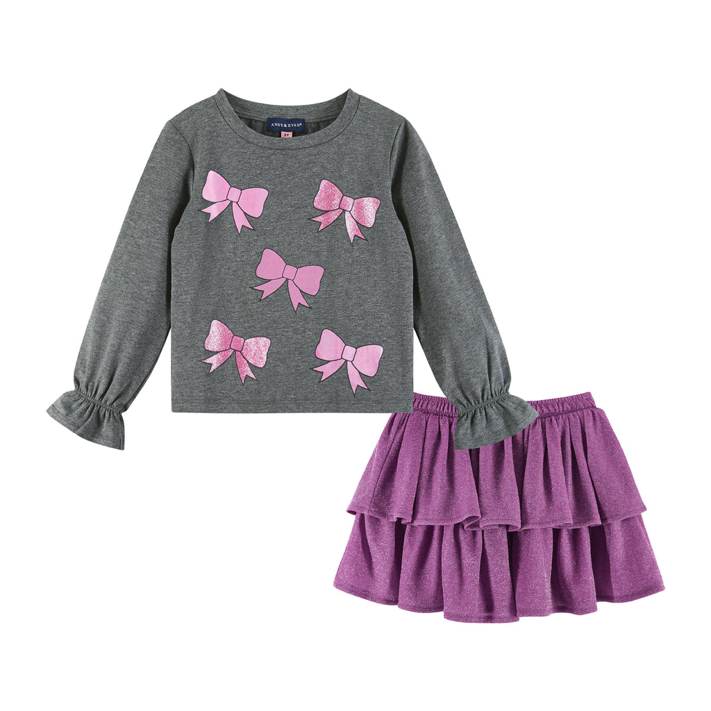 Kids Bows Graphic Top & Glitter Skirt Set | Grey & Purple - Andy & Evan