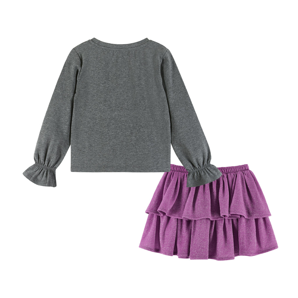 Kids Bows Graphic Top & Glitter Skirt Set | Grey & Purple - Andy & Evan