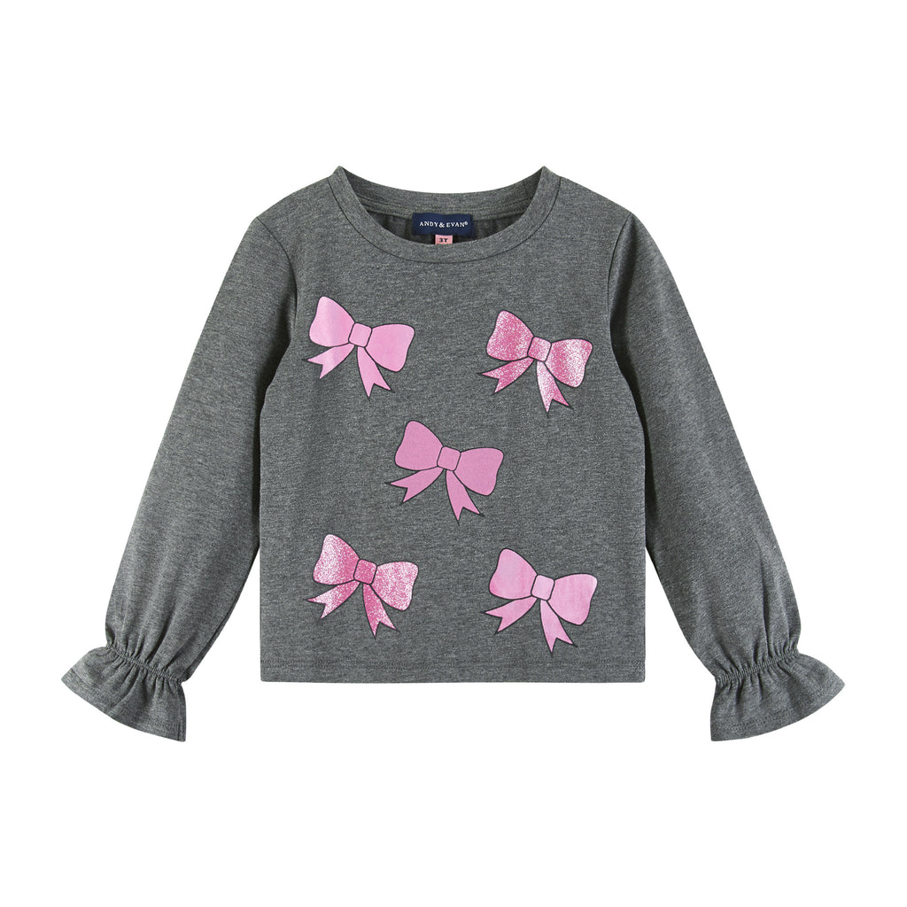 Kids Bows Graphic Top & Glitter Skirt Set | Grey & Purple - Andy & Evan