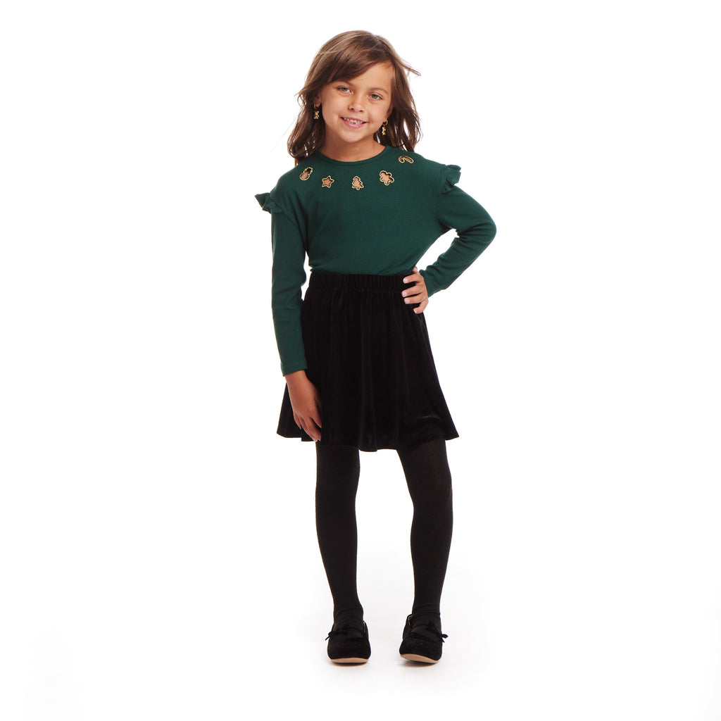 Kids Dark Green Rib Knit Tee & Skirt Set | Gold Holiday Details - Andy & Evan