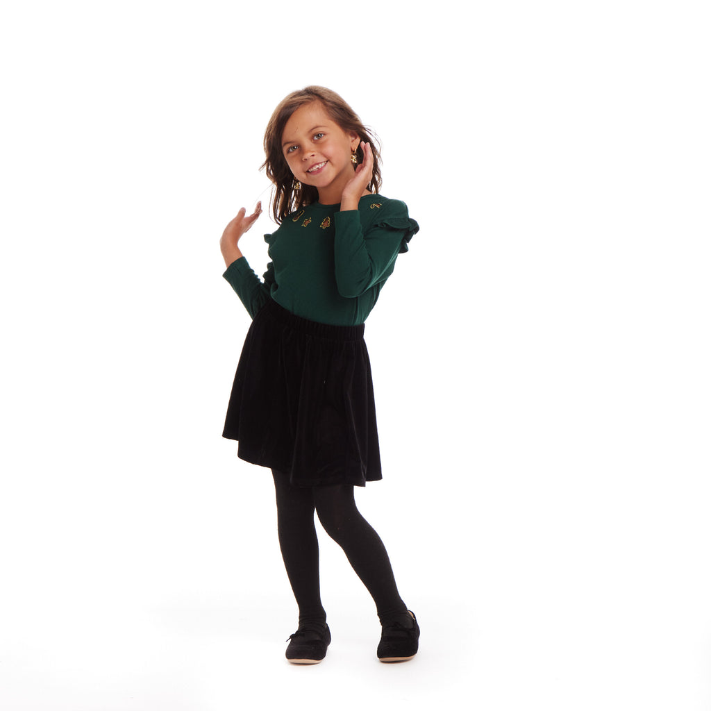 Kids Dark Green Rib Knit Tee & Skirt Set | Gold Holiday Details - Andy & Evan