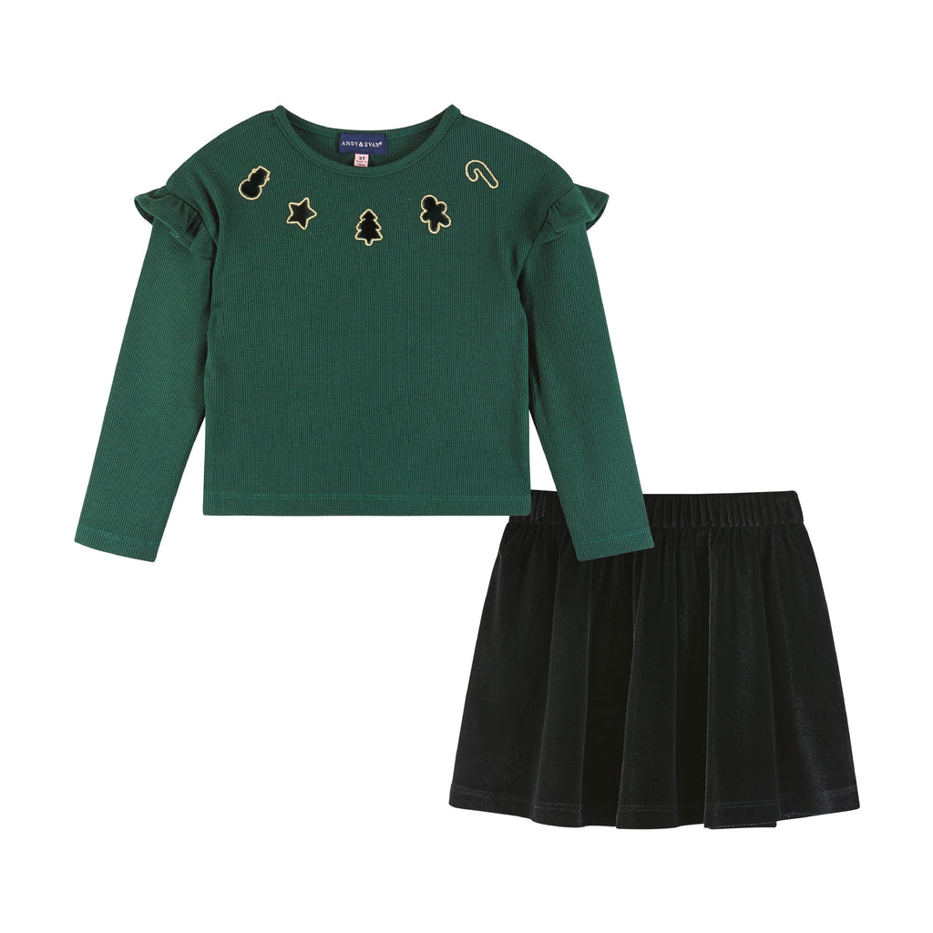 Kids Dark Green Rib Knit Tee & Skirt Set | Gold Holiday Details - Andy & Evan