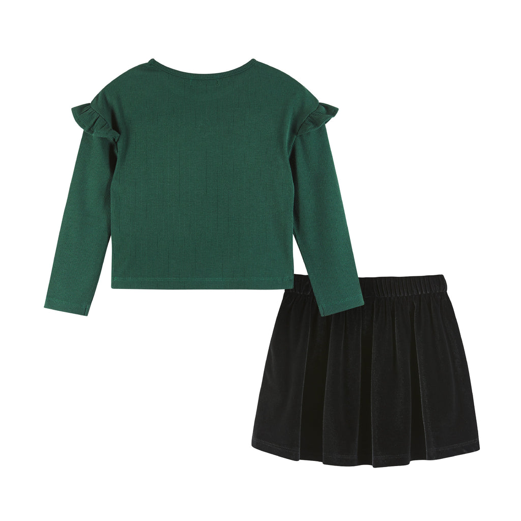 Kids Dark Green Rib Knit Tee & Skirt Set | Gold Holiday Details - Andy & Evan