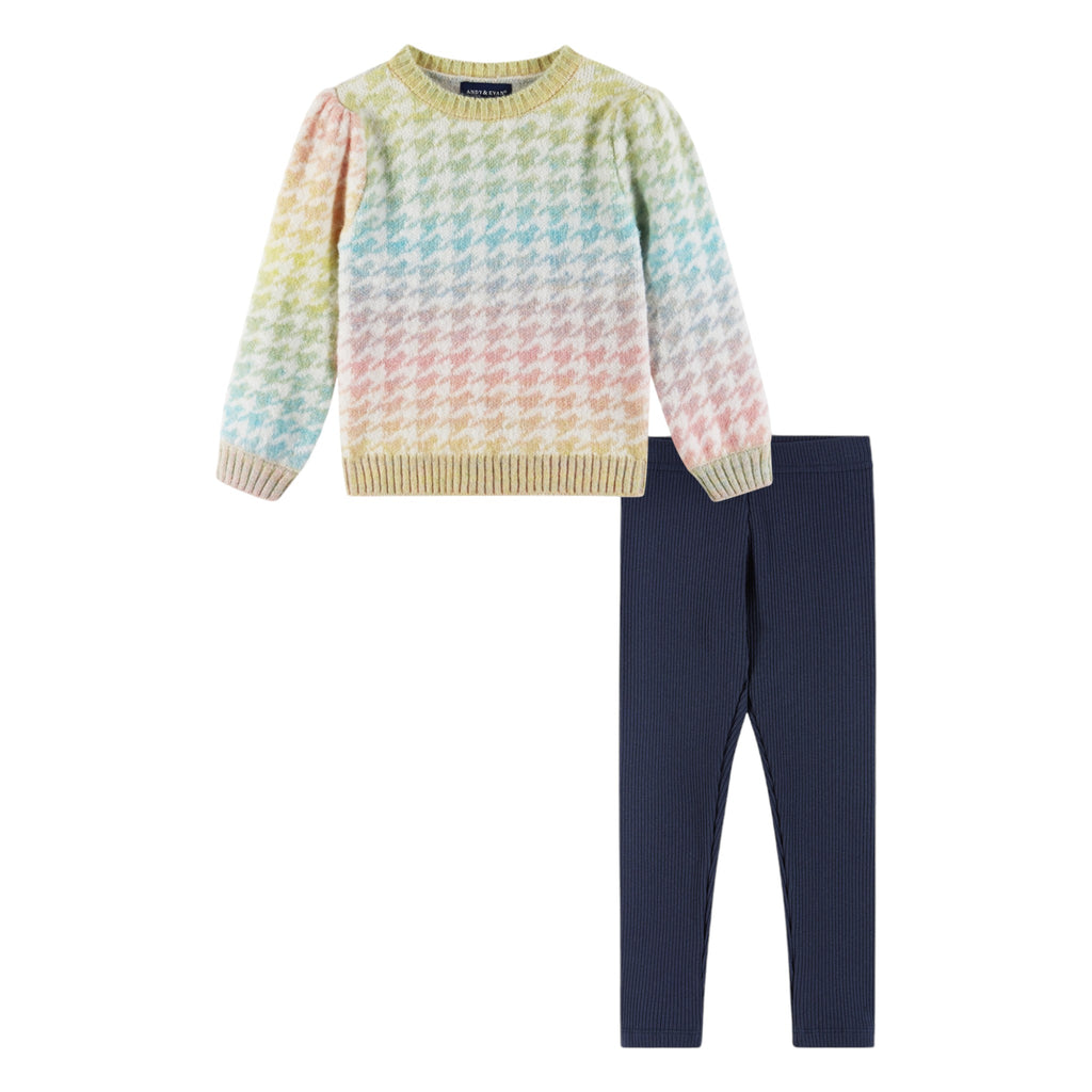 Kids Puff Sleeve Houndstooth Sweater & Legging Set | Ombre Rainbow - Andy & Evan