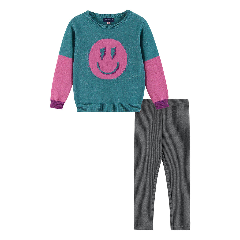 Kids Lurex Sweater & Legging Set | Ombre Smiley Graphic - Andy & Evan