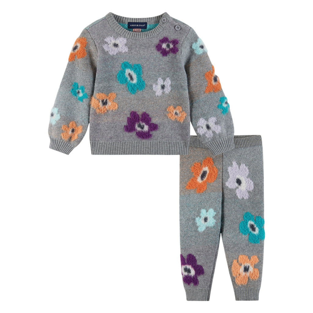 Infant 2-Piece Dove Grey Sweater & Pant Set | Eyelash Flowers - Andy & Evan