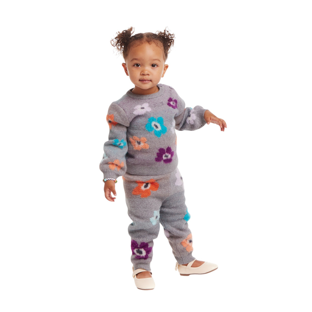 Infant 2-Piece Dove Grey Sweater & Pant Set | Eyelash Flowers - Andy & Evan