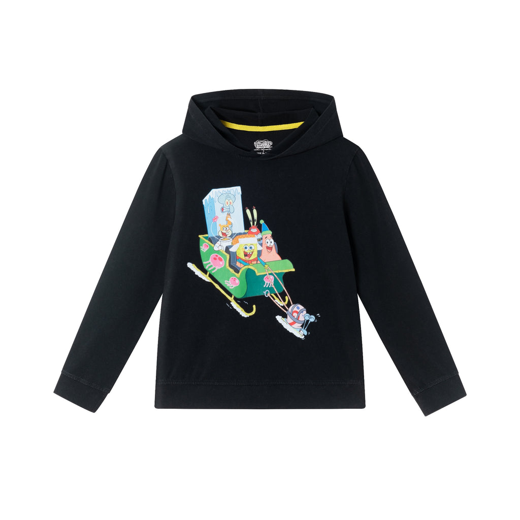 SpongeBob SquarePants™ x Andy & Evan® | Kids (7-14) Hooded Krabby Patty Sleigh Ride Tee | Black - Andy & Evan