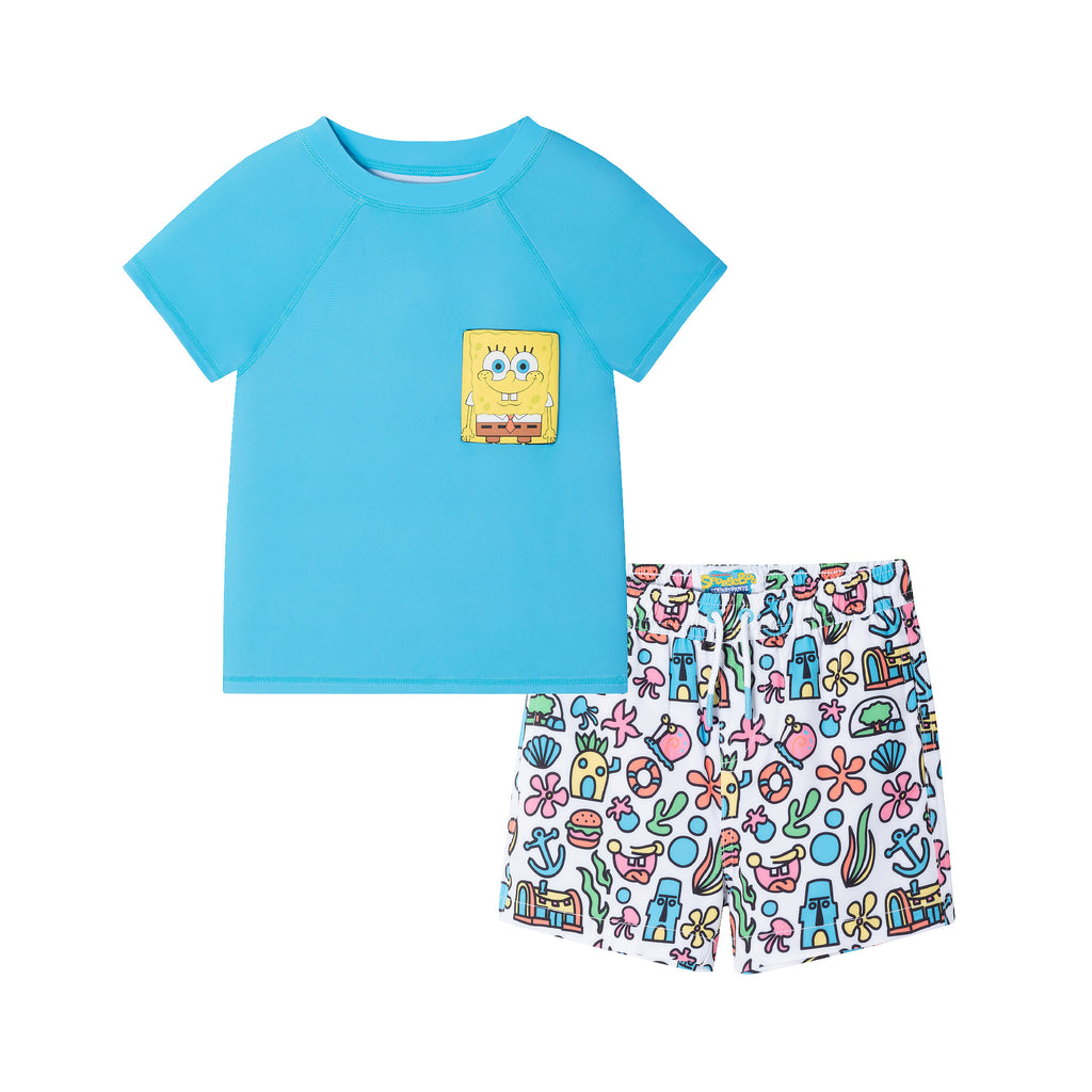 SpongeBob SquarePants™ x Andy & Evan® | Kids (2-7) 3D Dot Pocket & Bikini Bottom Rash Guard Set - Andy & Evan