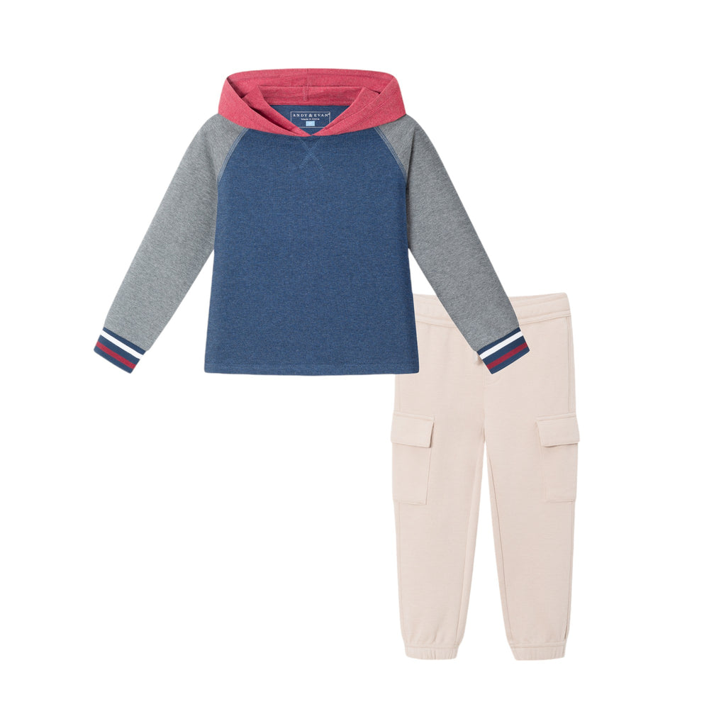 Kids Hooded Colorblocked Jersey Tee & Jogger Set | Red Navy & Heather Grey - Andy & Evan