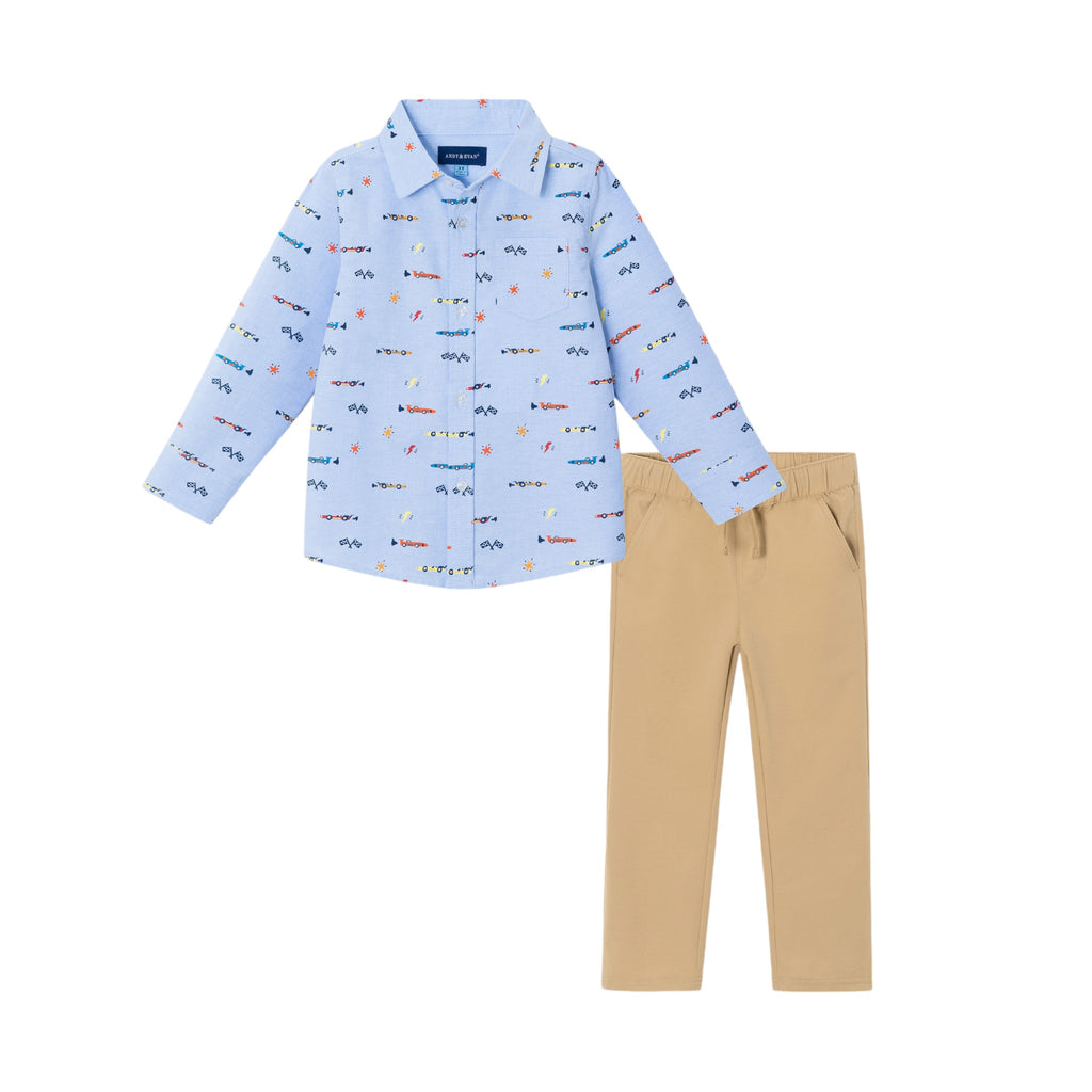 Kids Chambray Buttondown & Cognac Pant Set | Racecars - Andy & Evan