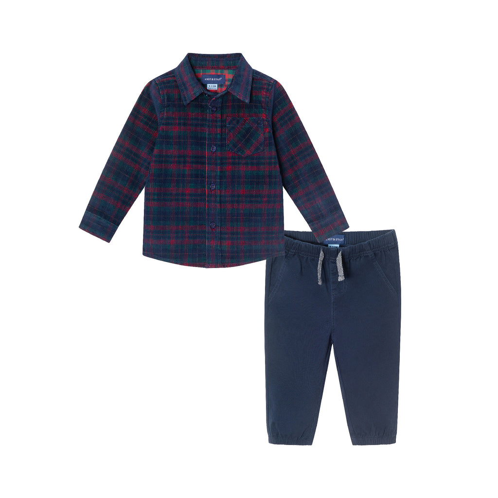 Infant Cord Buttondown & Navy Joggers Set | Red Plaid - Andy & Evan