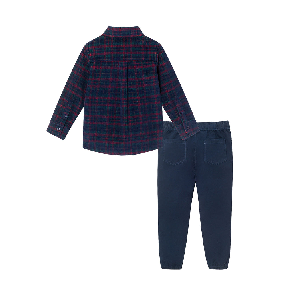 Kids Cord Buttondown & Navy Joggers Set | Red Plaid - Andy & Evan