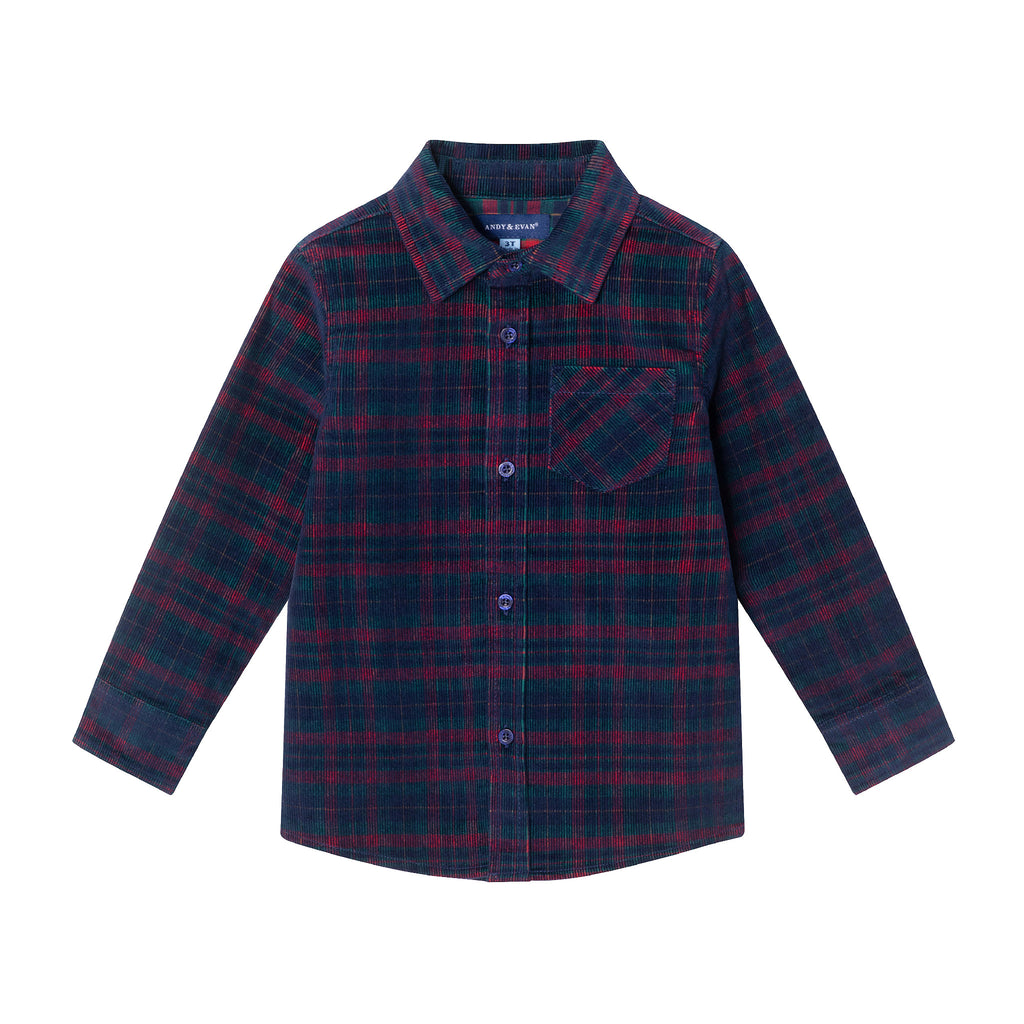 Kids Cord Buttondown & Navy Joggers Set | Red Plaid - Andy & Evan