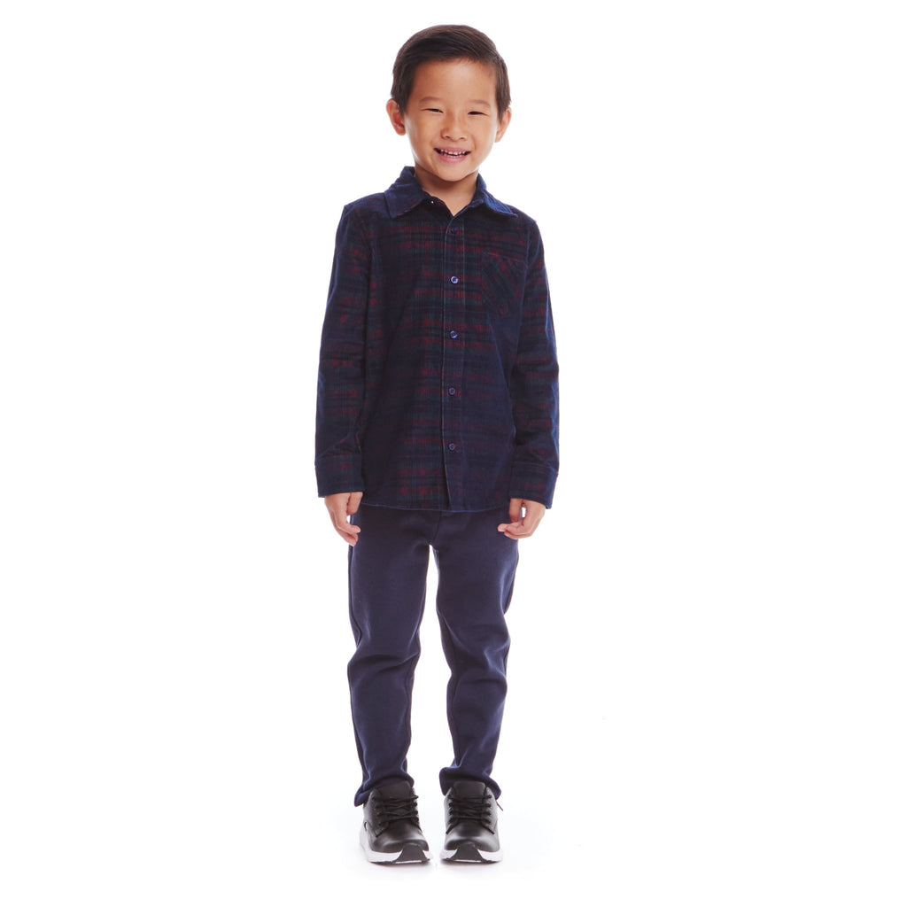 Kids Cord Buttondown & Navy Joggers Set | Red Plaid - Andy & Evan