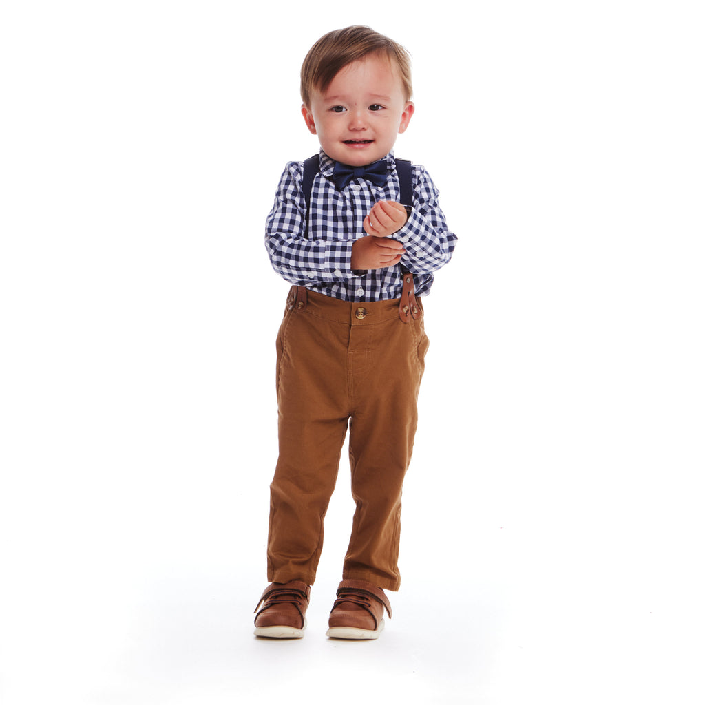 Infant 4-Piece Set Buttondown Suspenders & Pant Set | Navy Gingham - Andy & Evan