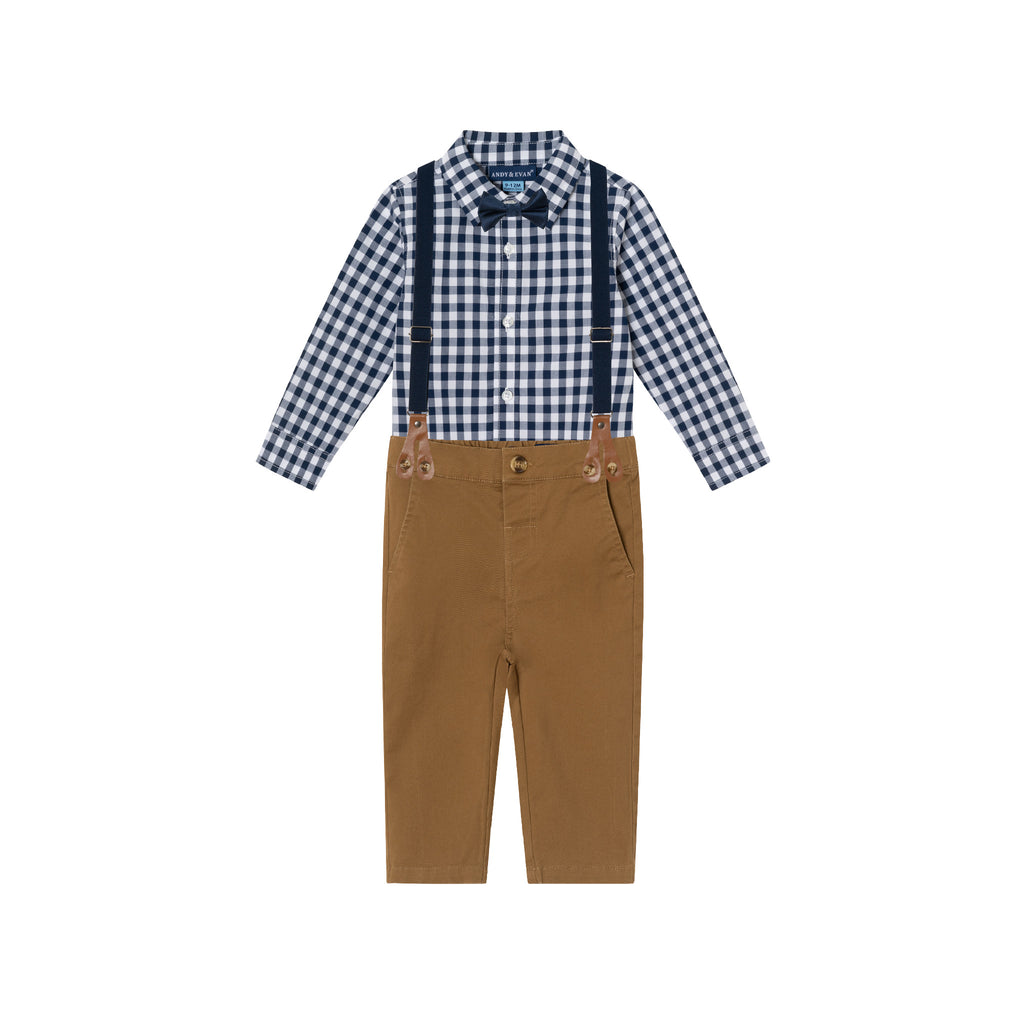 Infant 4-Piece Set Buttondown Suspenders & Pant Set | Navy Gingham - Andy & Evan