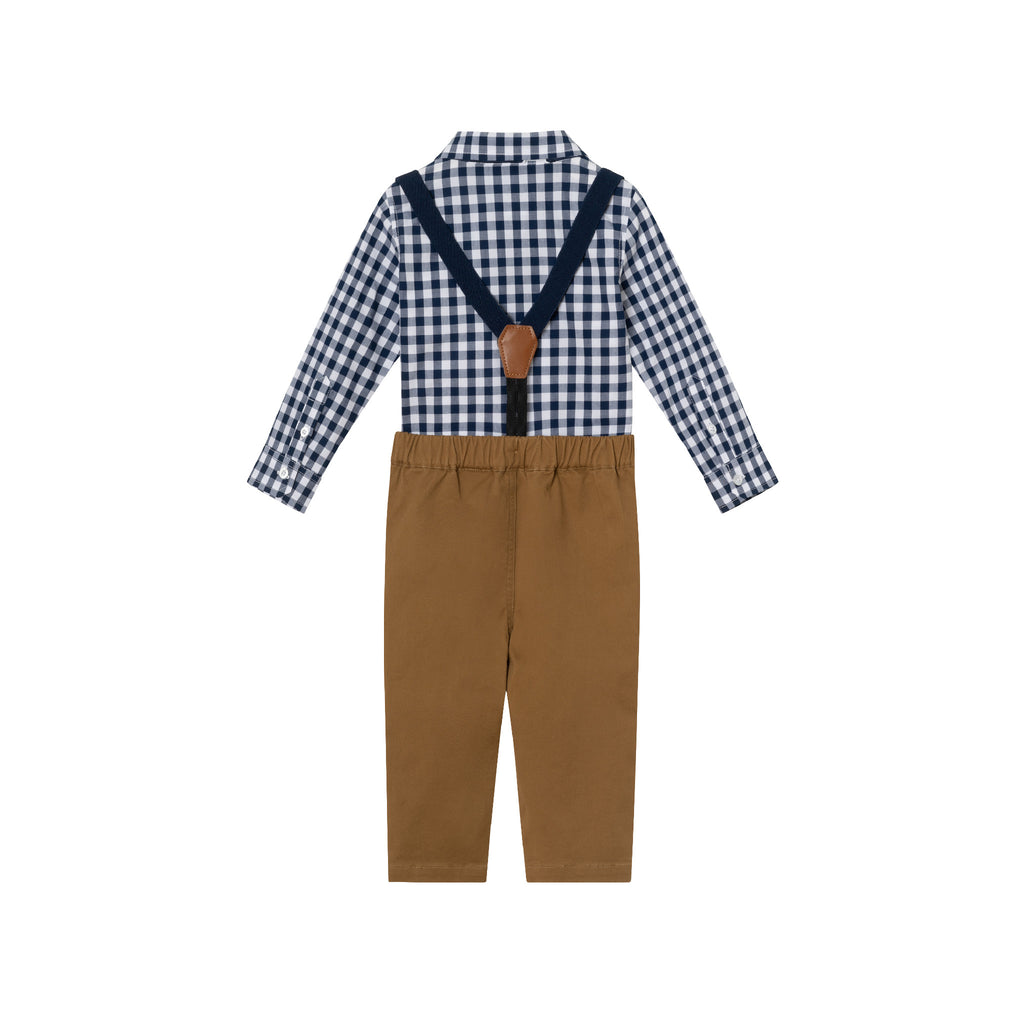 Infant 4-Piece Set Buttondown Suspenders & Pant Set | Navy Gingham - Andy & Evan