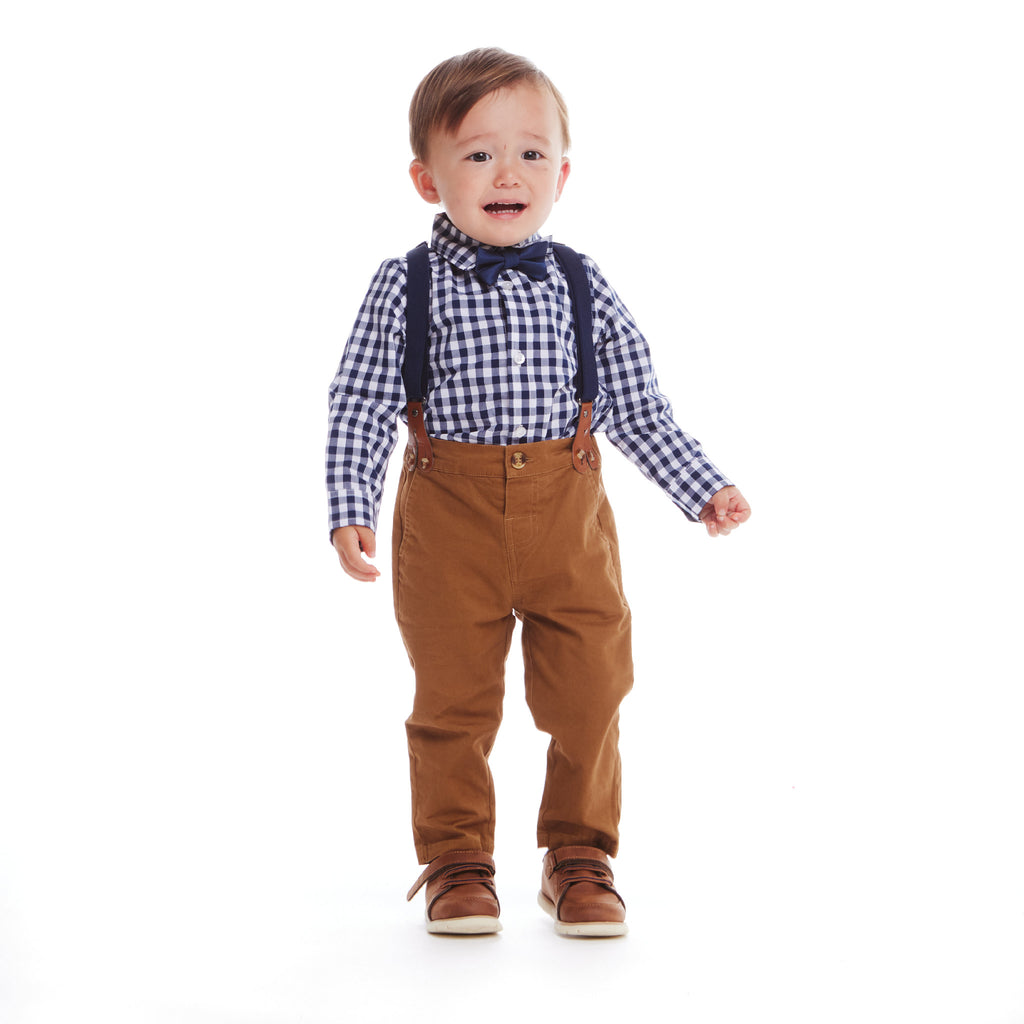 Infant 4-Piece Set Buttondown Suspenders & Pant Set | Navy Gingham - Andy & Evan