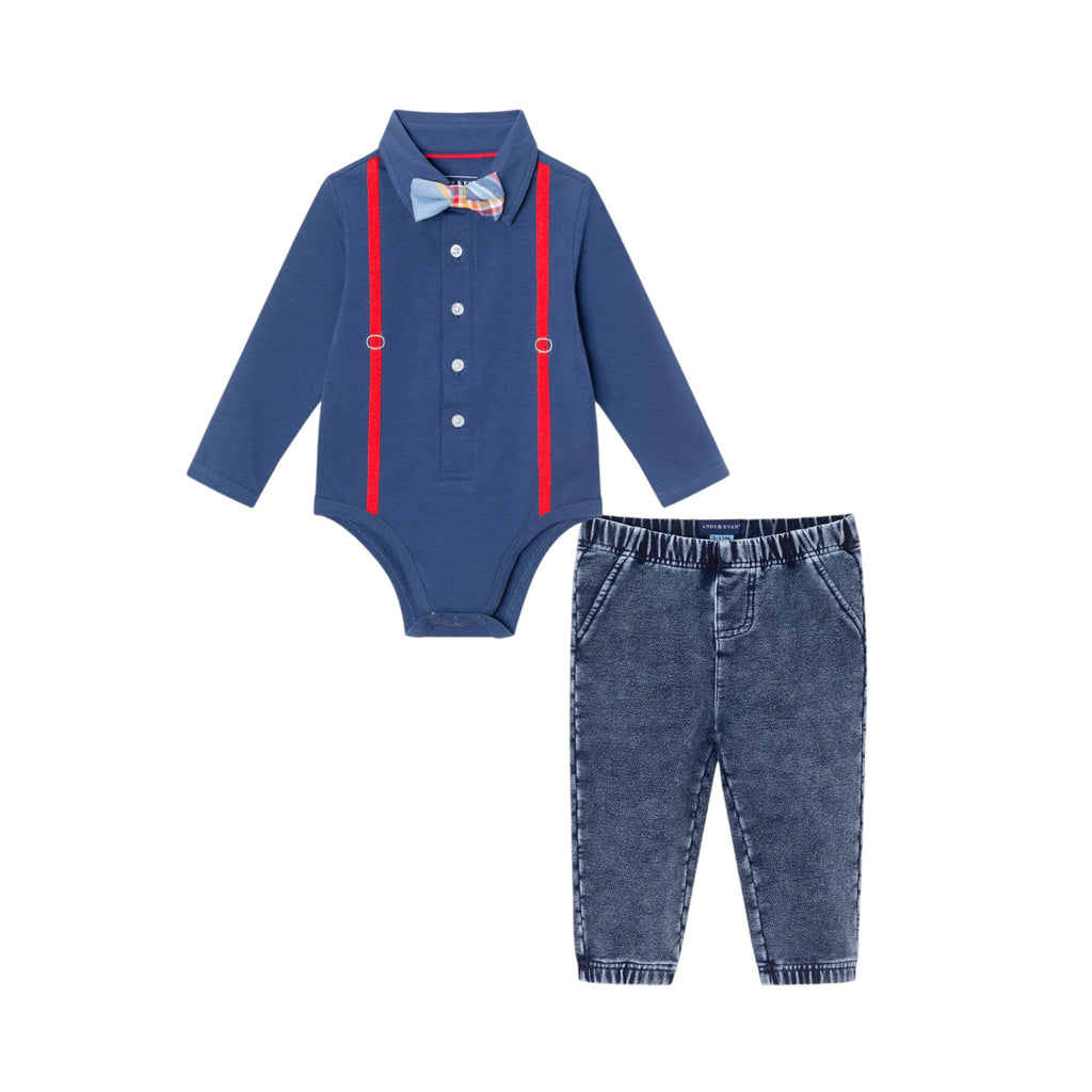 Infant 2-Piece Suspender Shirtzie® & Faux Denim Terry Pant Set | Navy - Andy & Evan