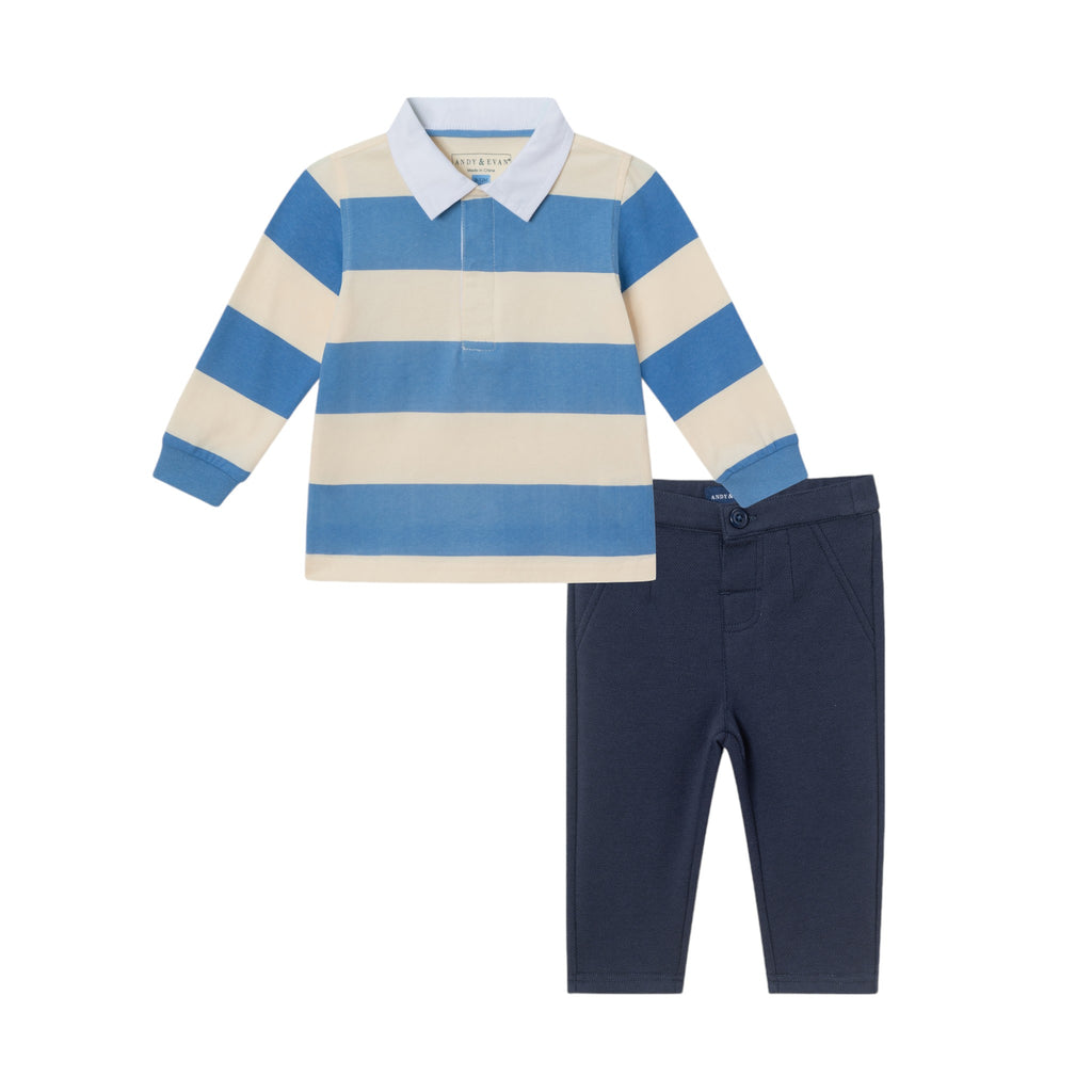 Infant 2-Piece Rugby Shirt & Soft Pique Pant Set | Blue Cream Striped - Andy & Evan