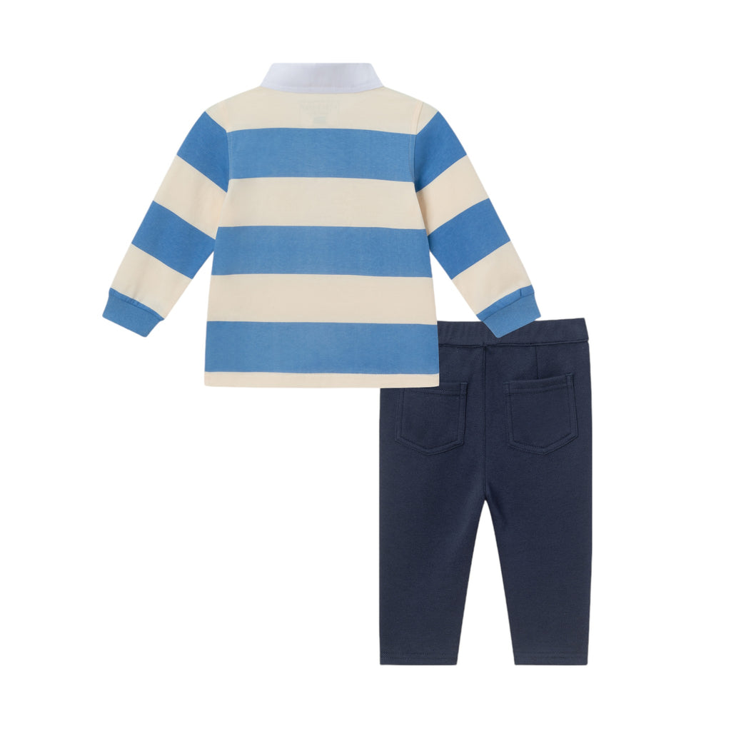 Infant 2-Piece Rugby Shirt & Soft Pique Pant Set | Blue Cream Striped - Andy & Evan