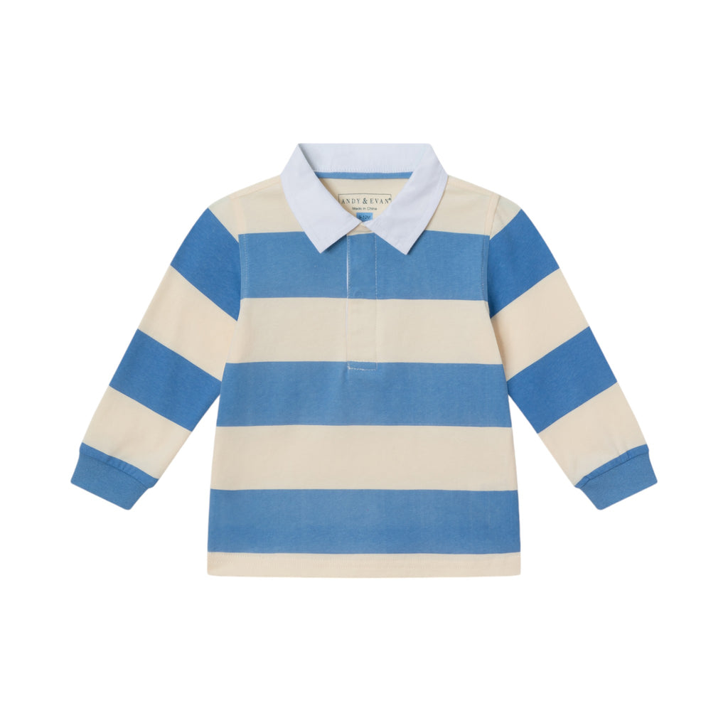 Infant 2-Piece Rugby Shirt & Soft Pique Pant Set | Blue Cream Striped - Andy & Evan