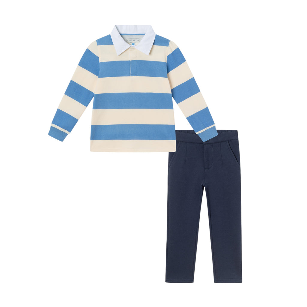 Kids Rugby Shirt & Pique Pant Set | Blue Cream Striped - Andy & Evan