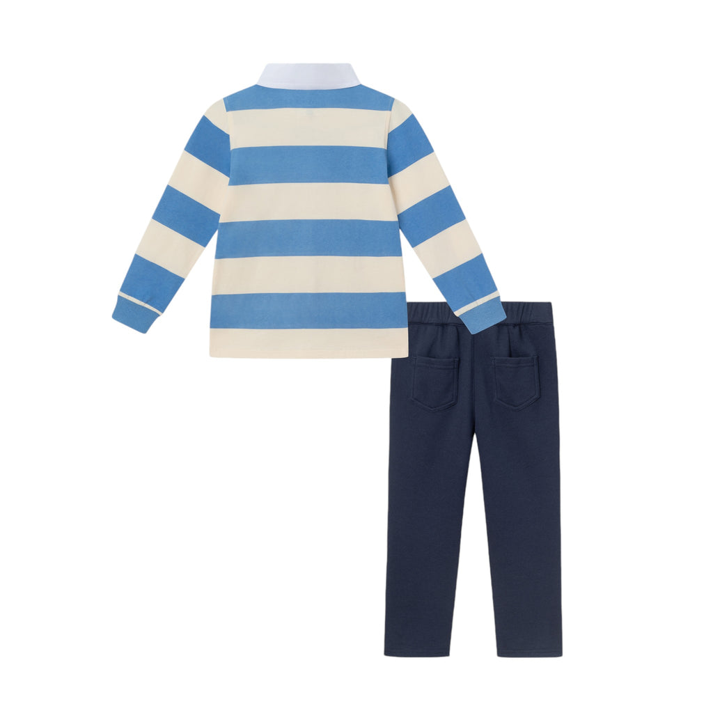 Kids Rugby Shirt & Pique Pant Set | Blue Cream Striped - Andy & Evan