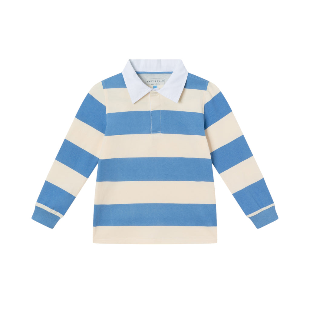 Kids Rugby Shirt & Pique Pant Set | Blue Cream Striped - Andy & Evan