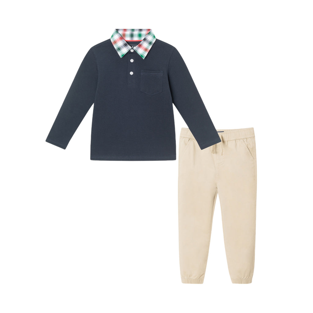 Kids (2-8) Polo & Cognac Cord Pants Set | Navy Holiday - Andy & Evan