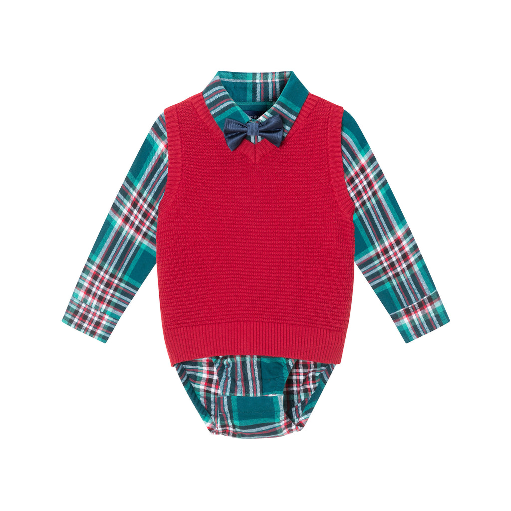 Infant 4-Piece Buttondown & Sweater Vest Set | Checkered Maroon - Andy & Evan