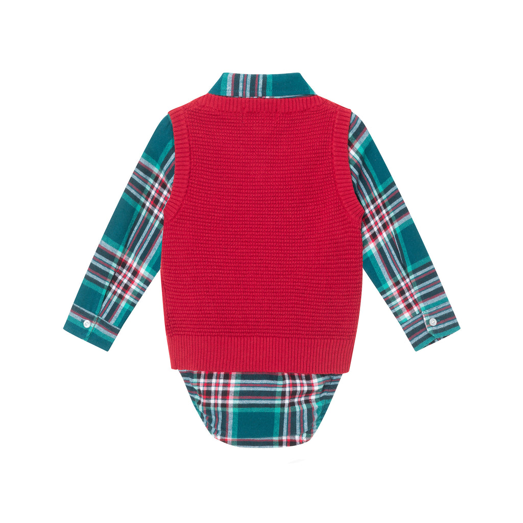 Infant 4-Piece Buttondown & Sweater Vest Set | Checkered Maroon - Andy & Evan