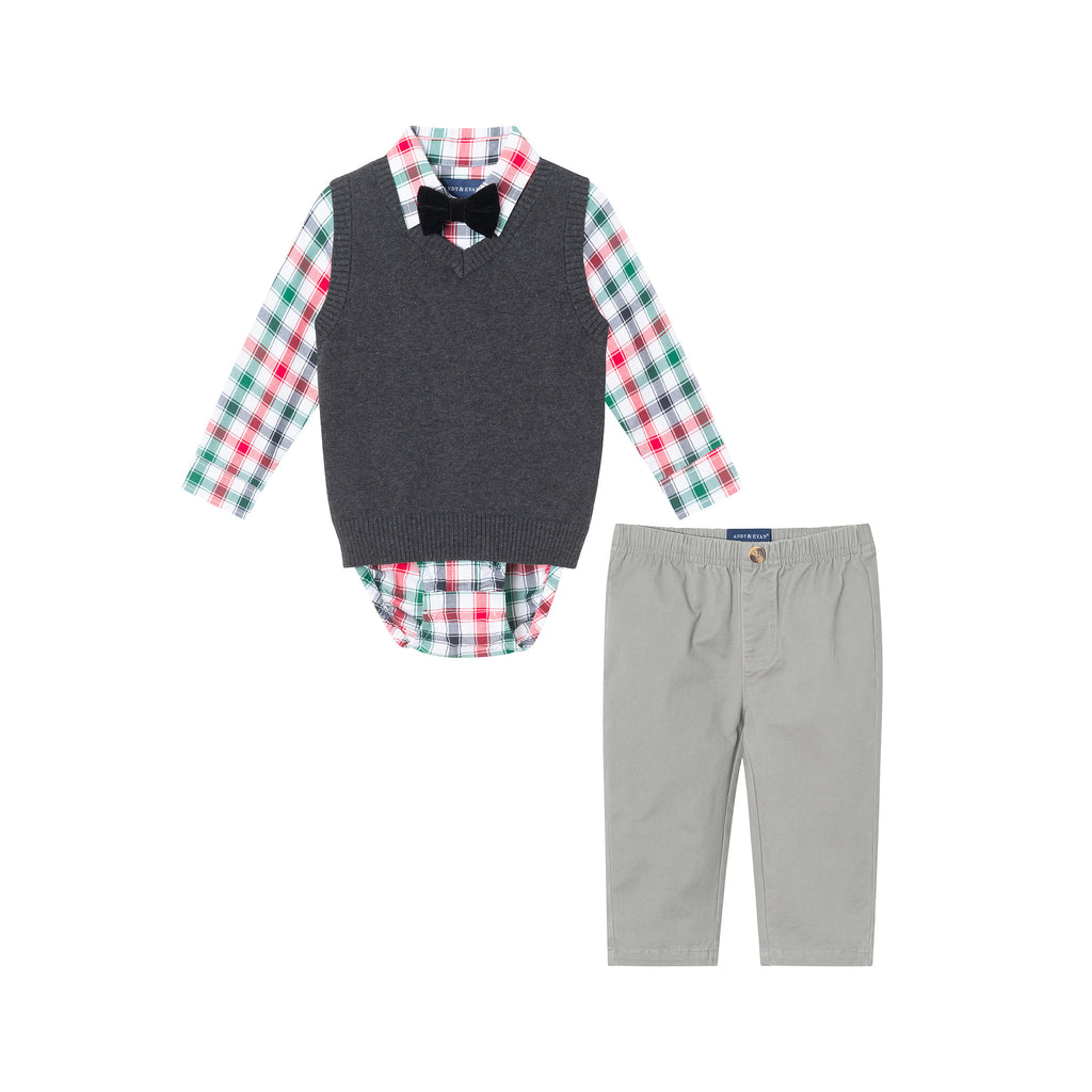 Infant 4-Piece Sweater Vest Set | Charcoal White Plaid - Andy & Evan