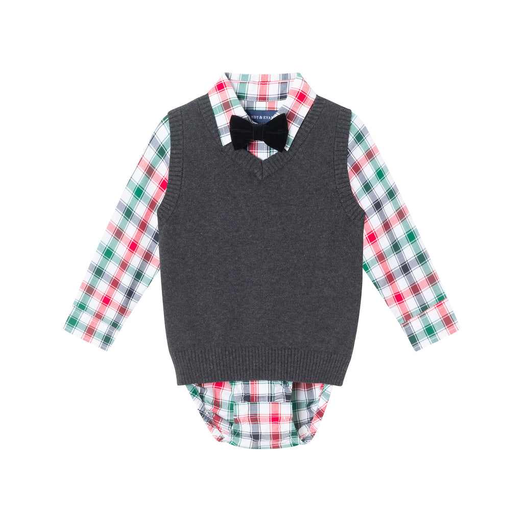 Infant 4-Piece Sweater Vest Set | Charcoal White Plaid - Andy & Evan