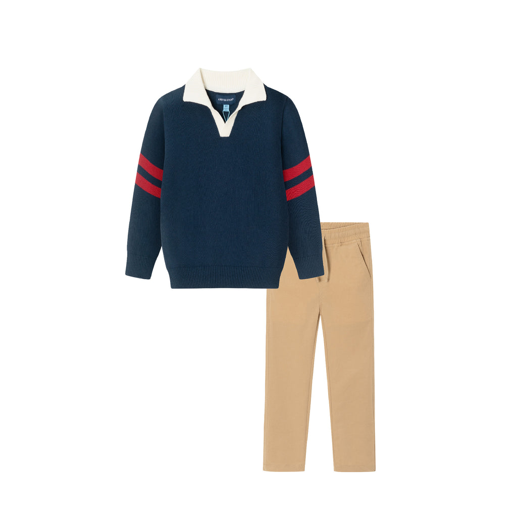 Kids Collared Sweater & Hybrid Pant | Navy & Cognac - Andy & Evan