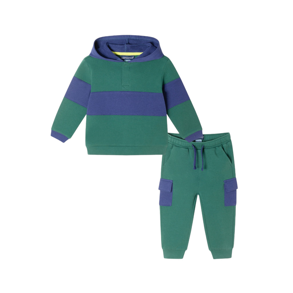 Infant Color Blocked Terry Hoodie & Pant Set | Navy & Green - Andy & Evan