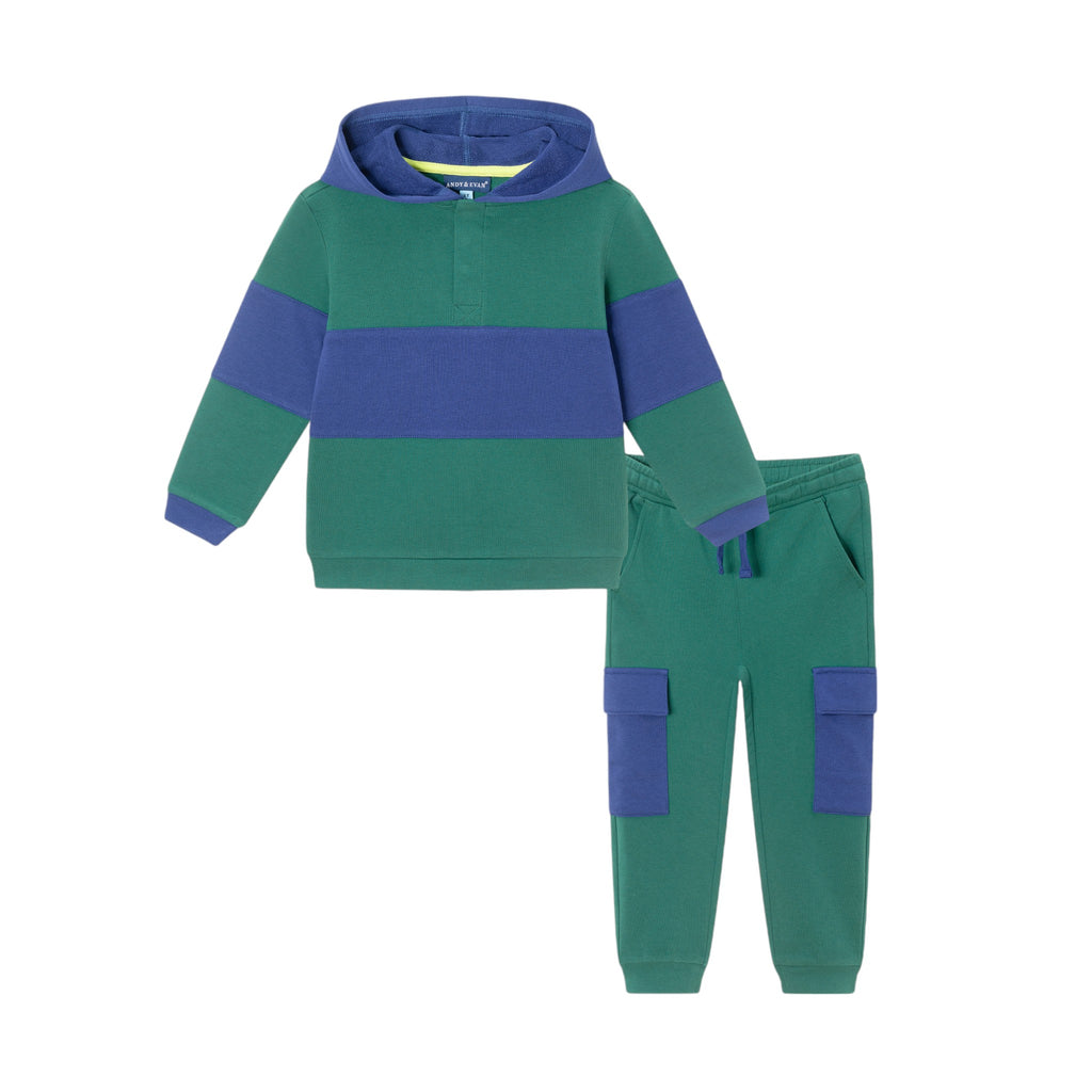 Kids Navy & Green Color Blocked Terry Hoodie & Pant Set - Andy & Evan