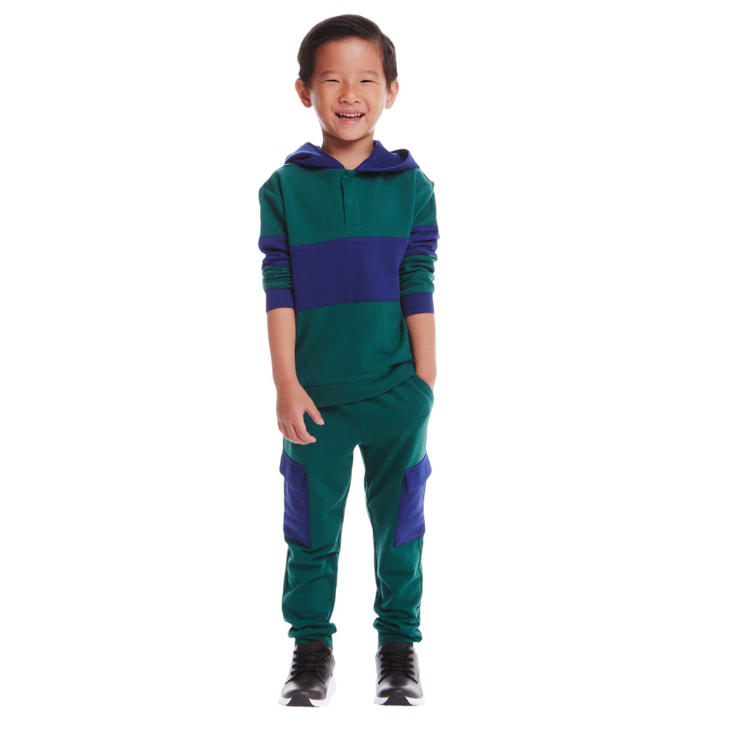 Kids Navy & Green Color Blocked Terry Hoodie & Pant Set - Andy & Evan