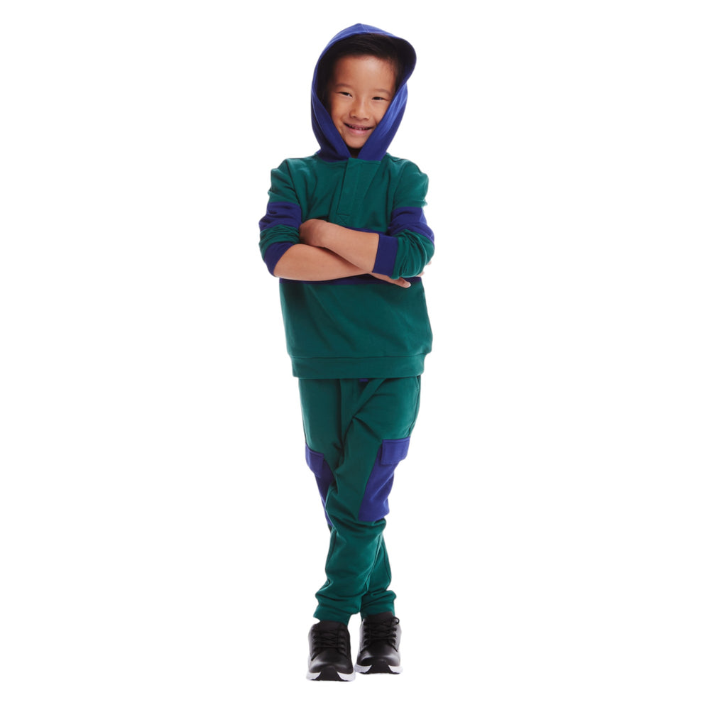 Kids Navy & Green Color Blocked Terry Hoodie & Pant Set - Andy & Evan