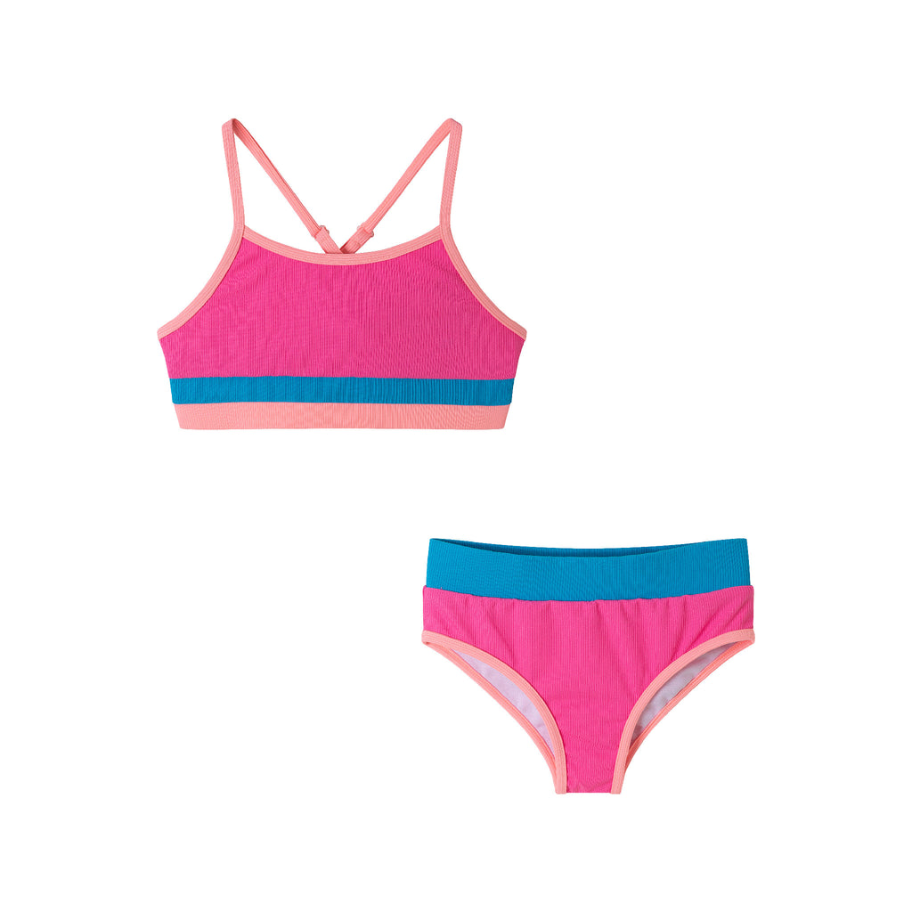 Kids (4-16) Two Piece Swim Suit | Pink Color Block - Andy & Evan