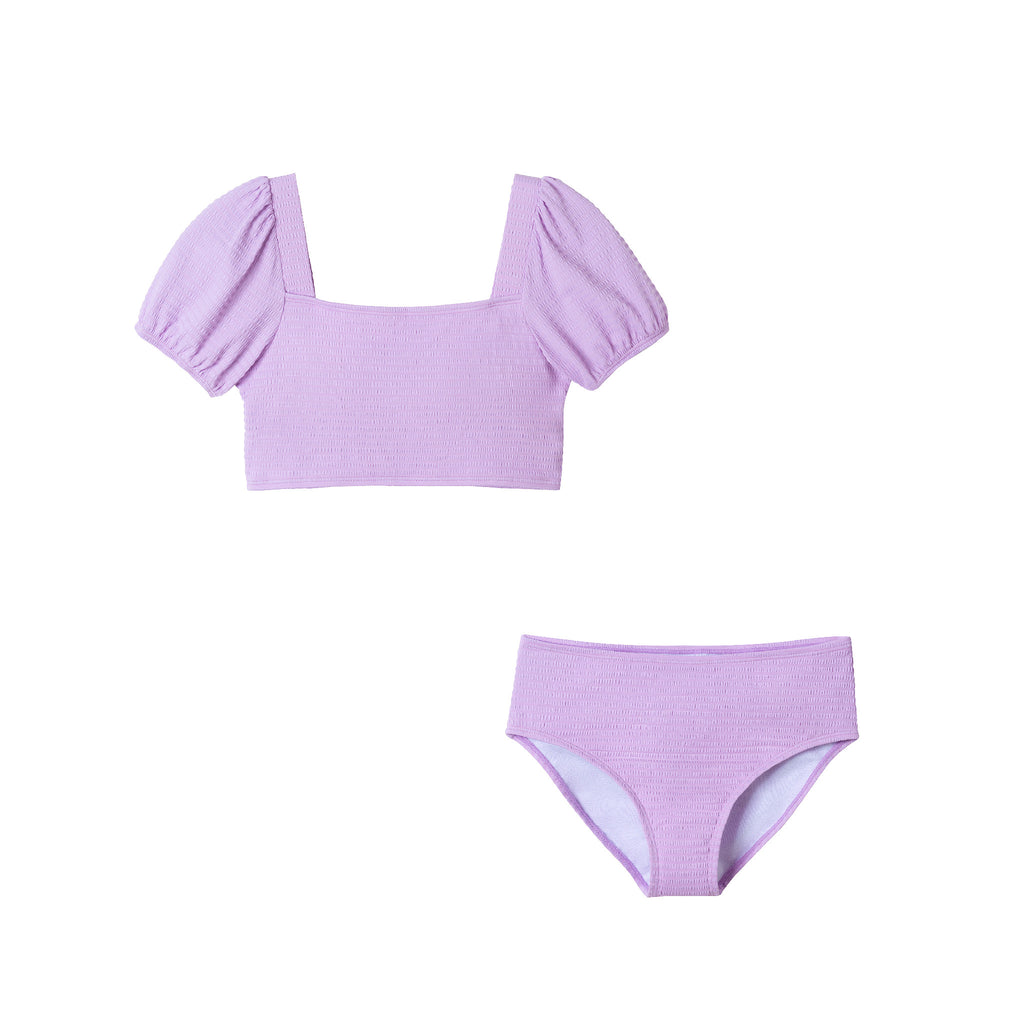 Kids (7-16) Puff Sleeve Two Piece Swim Suit | Purple - Andy & Evan