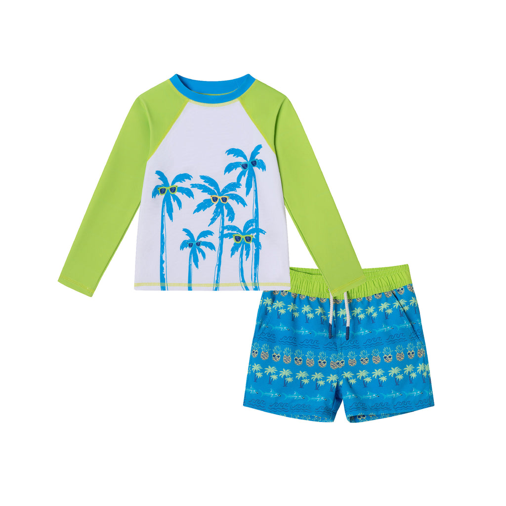 Kids (5-8) Rashguard & Swim Trunk Set | Lime & Blue Breeze - Andy & Evan