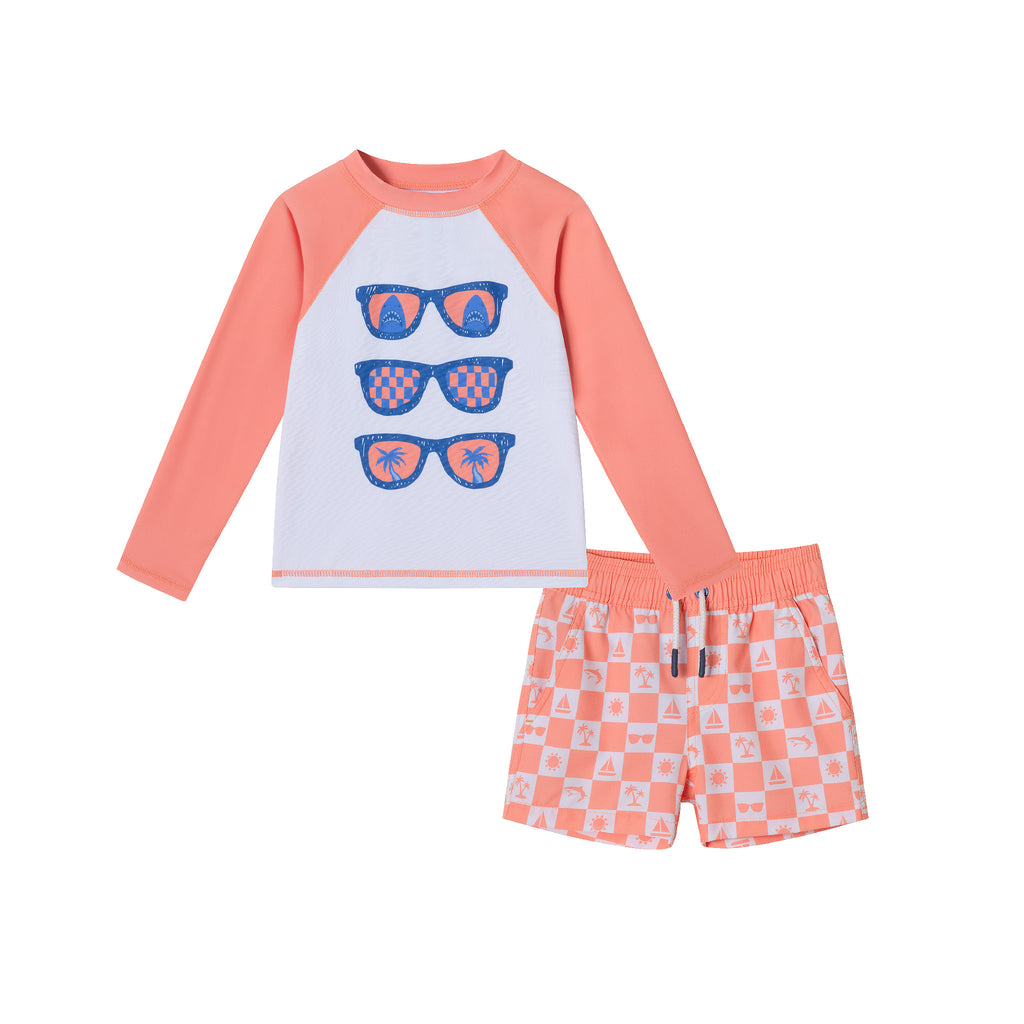 Kids (2-8) Rashguard & Swim Trunk Set | Sunglasses & Beach Vibes - Andy & Evan