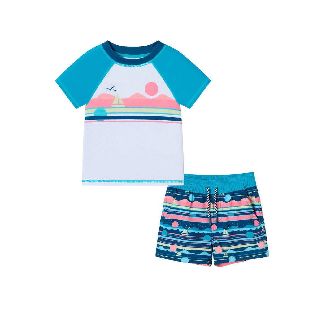 Kids (2-7) Rashguard & Swim Trunk Set | Sailboat Horizon - Andy & Evan