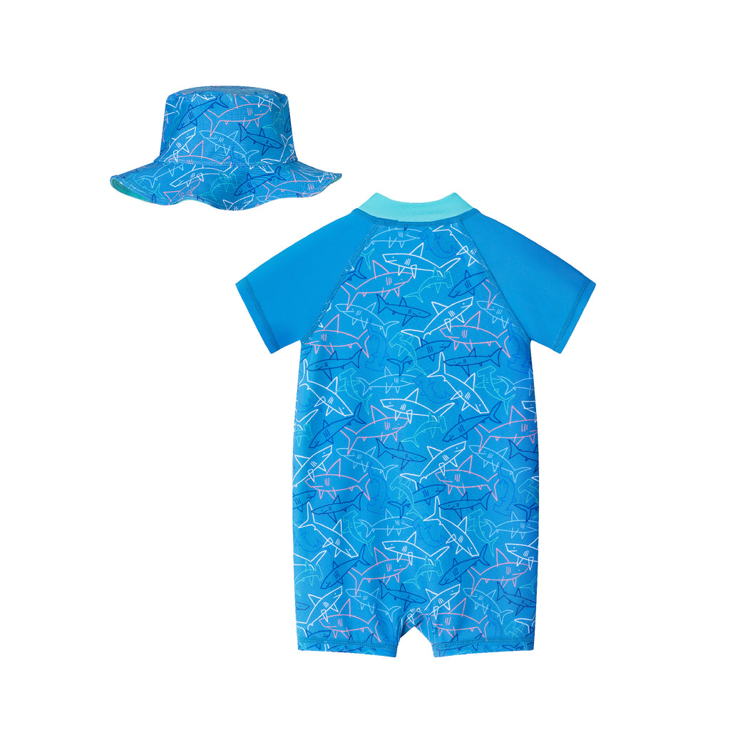 Infant (0-24M) Swim Romper & Hat Set | Shark Adventure - Andy & Evan